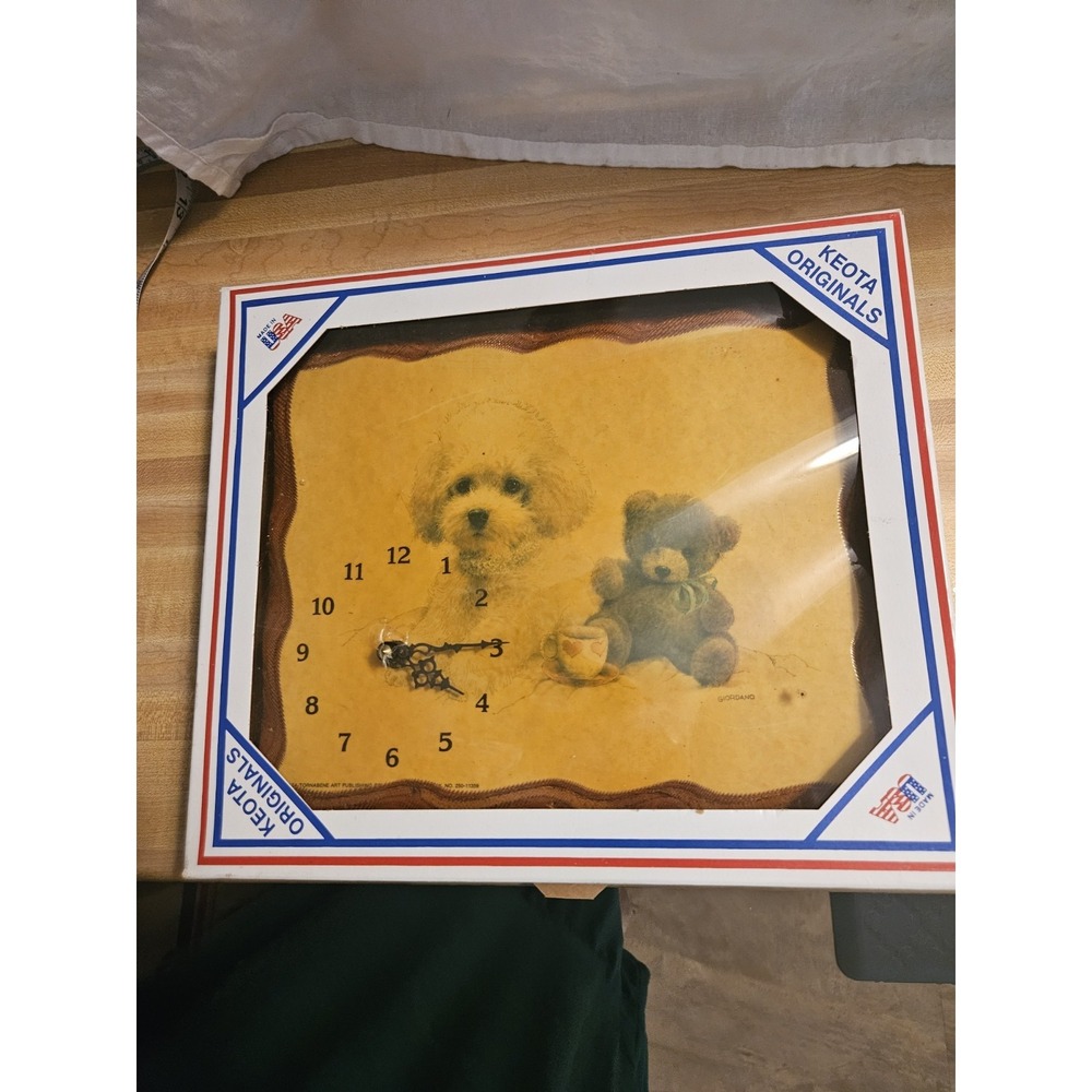 Vintage Keota Originals Teddy Bear And Puppy Clock NIB